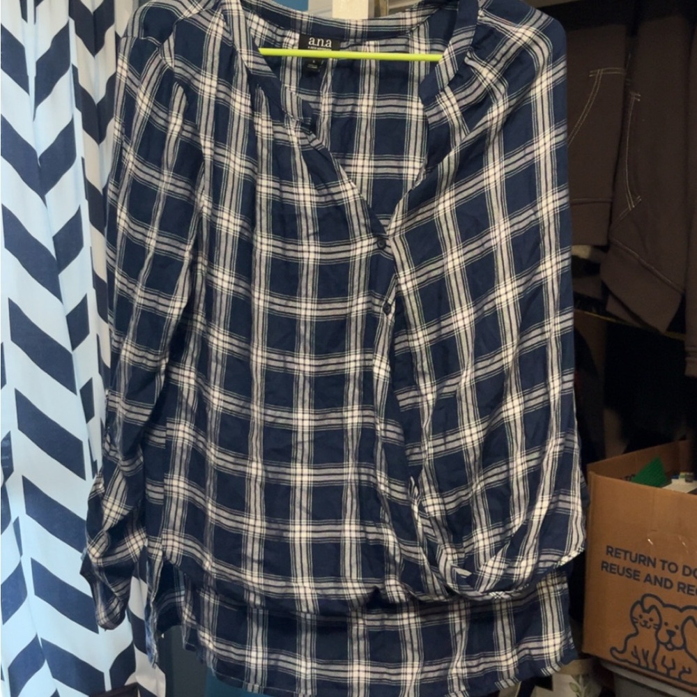 a.n.a Blue and White Plaid Women's Blouse